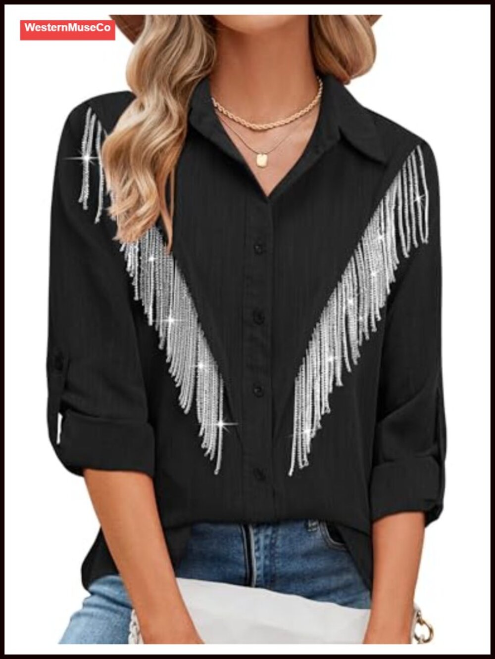 Rhinestone Fringe Button Down Shirt Western Cowgirl Concert Top